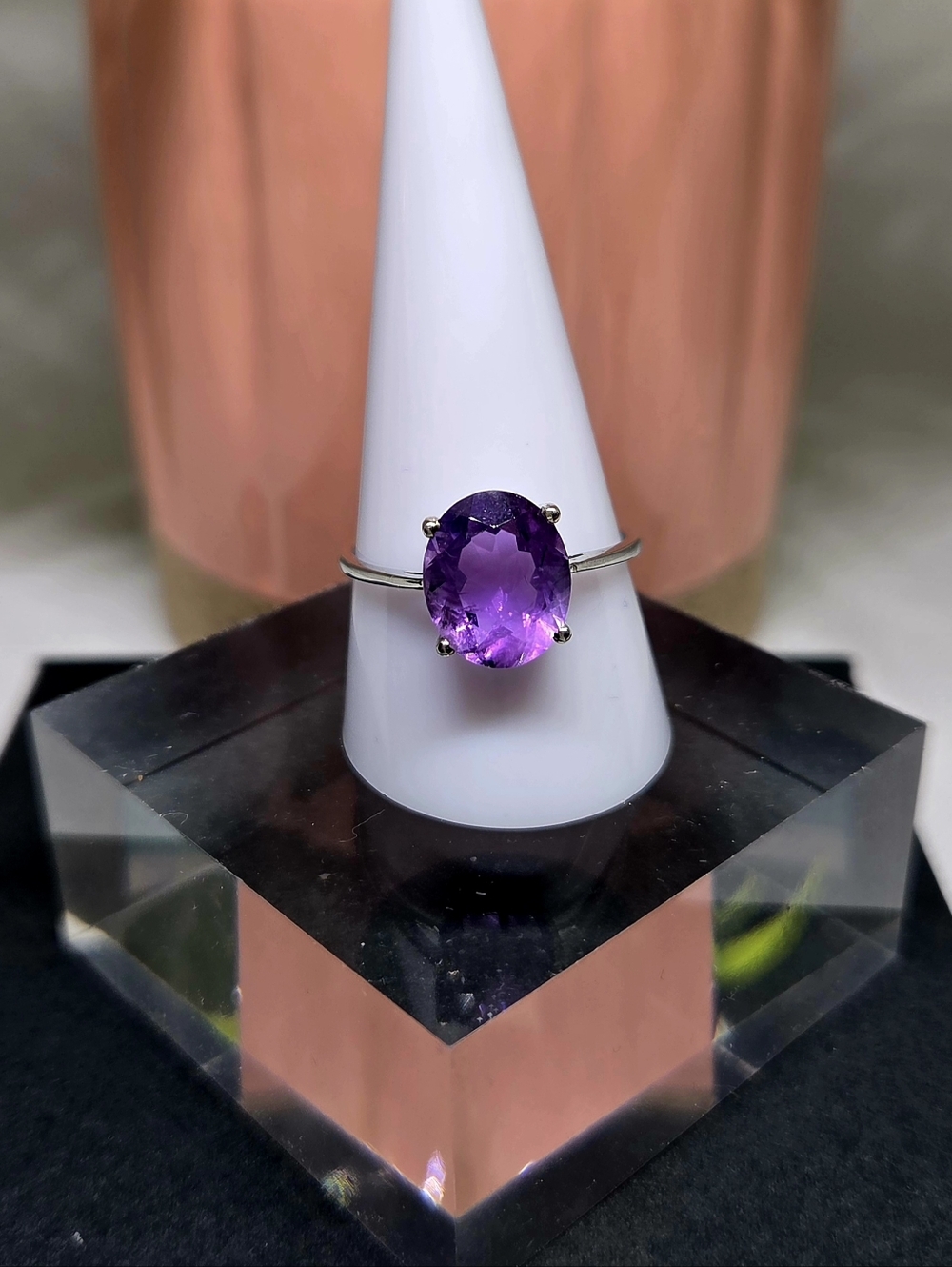 Silver-tone Amethyst CZ Oval Ring